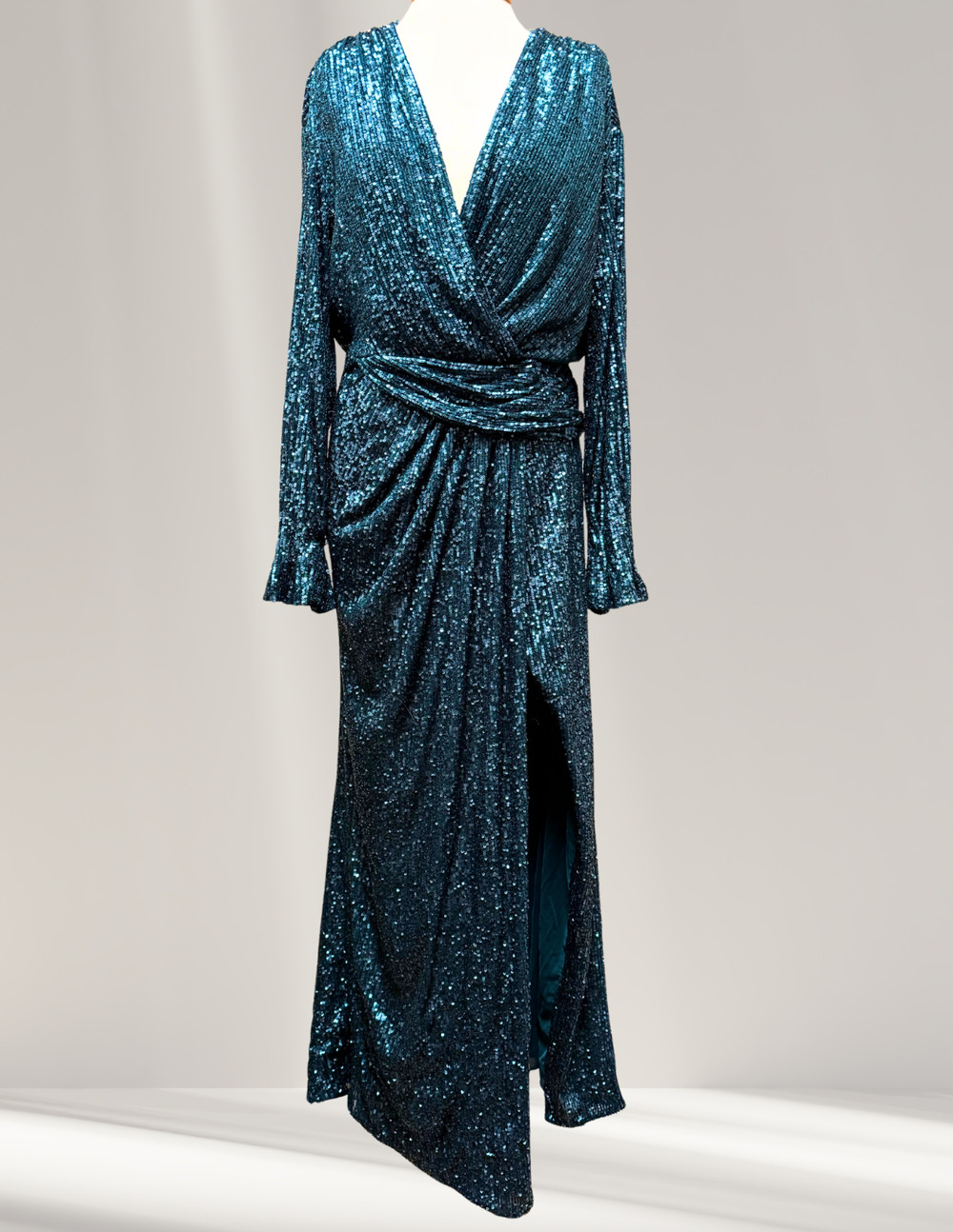 Jonathan Simkhai Sequin Wrap Gown 4 Teal Emerald Long Sleeve Maxi Formal Dress